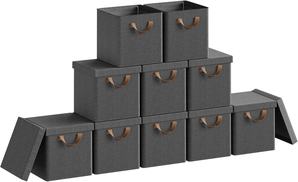 Scatole Contenitori Pieghevoli Set di 10, Cubi in Tessuto con Manico, Coperchio e Struttura in Metallo, Organizer per Armadio e Scaffale, Grigio, 33x33x31,5cm