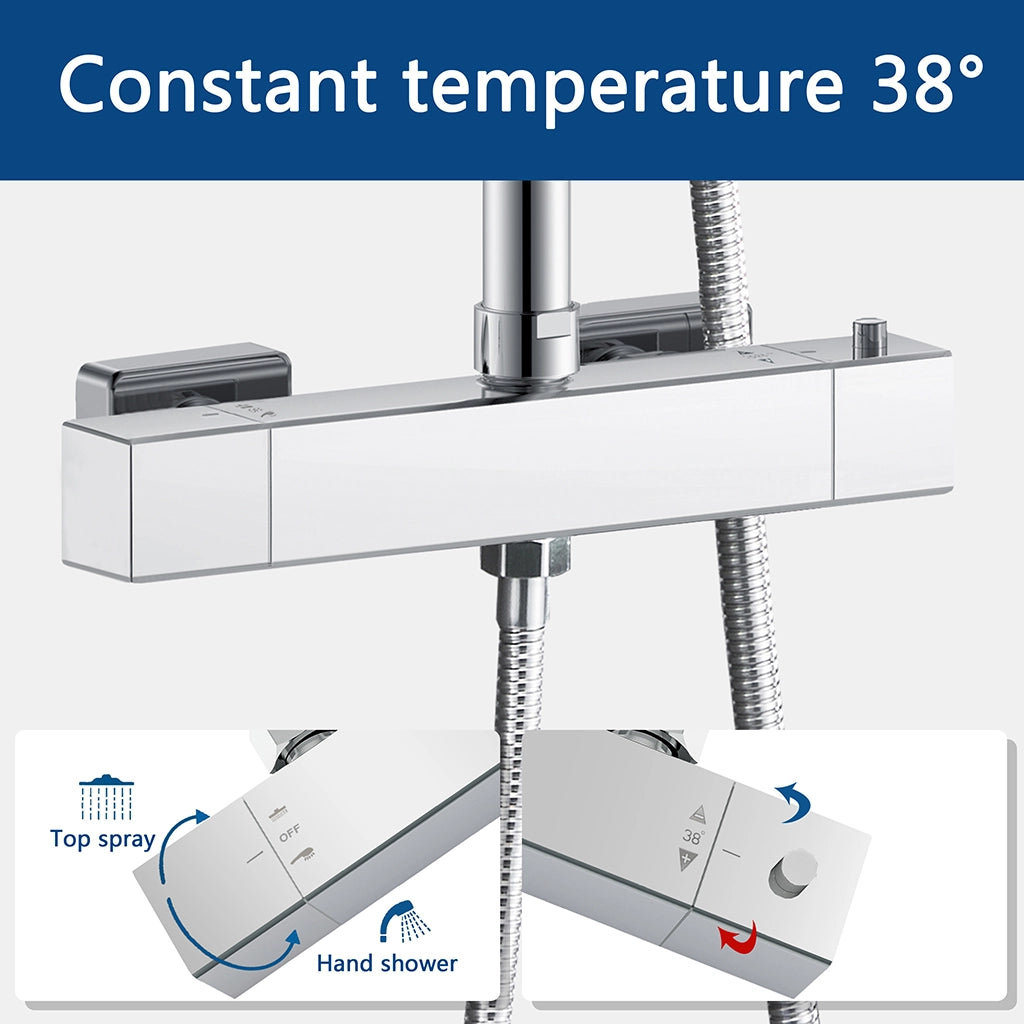 AICA Set Doccia Completo Cromo con Soffione Doccetta e Rubinetto Quadrati e Saliscendi Tondo, Miscelatore Termostatico Doccia