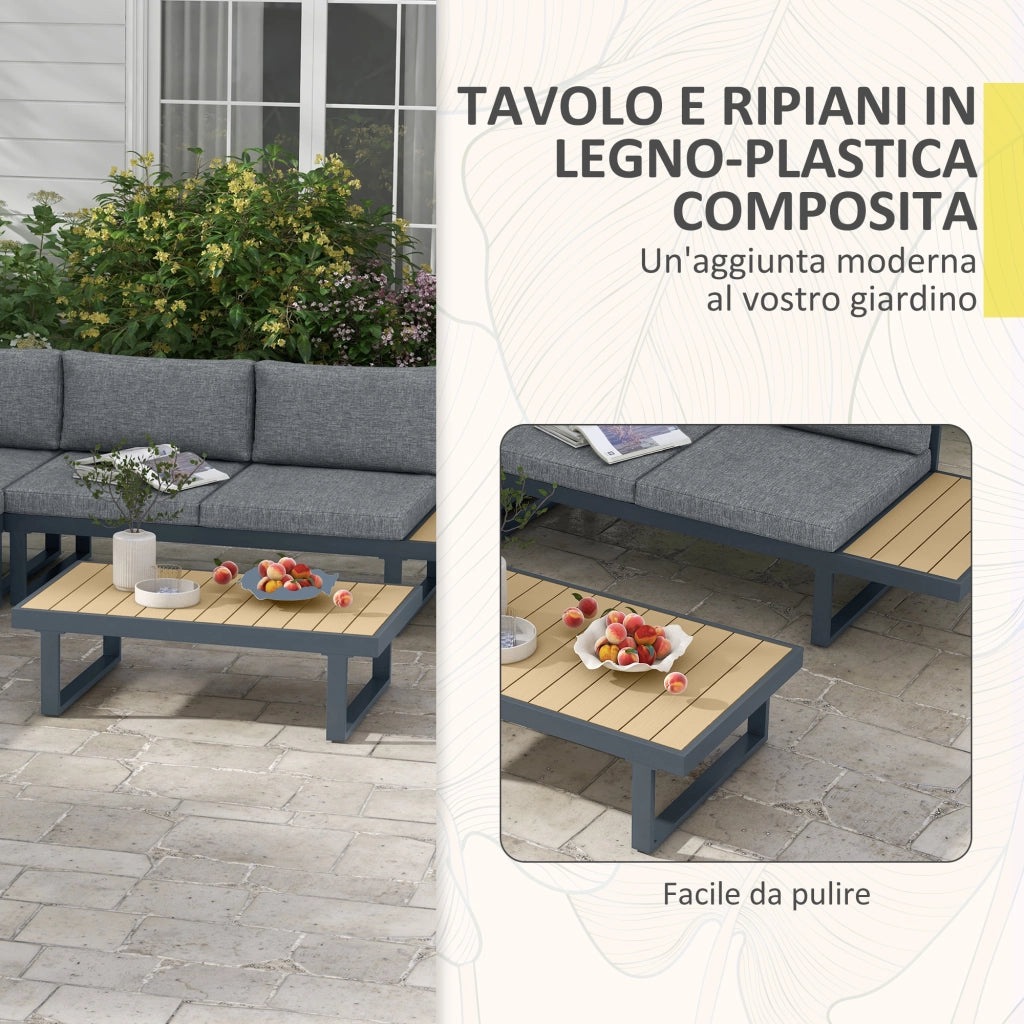Set da Giardino 4 Pezzi in Alluminio con Divanetti, Poltrona Angolare e Tavolino ¨C zephmum ¨C Grigio e Teak