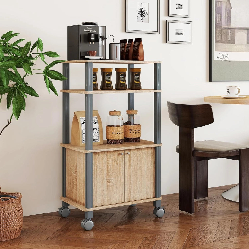 Carrello a rotelle a microonde, carrello da cucina a microonde, con 4 ruote e 2 freni, ripiano portaoggetti a 3 livelli e armadio ante,60 x 40 x 98 cm (Naturale)