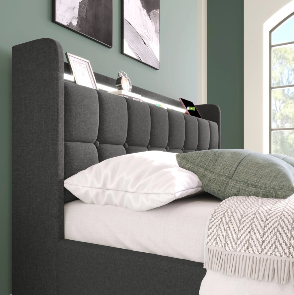 Letto matrimoniale 180x200 cm con LED, prese USB e 4 cassetti grigio