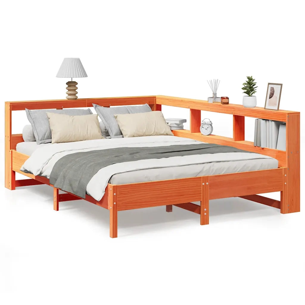 Letto Libreria senza Materasso-Struttura Letto con contenitore Marrone Cera 140x200 cm in Pino 619907