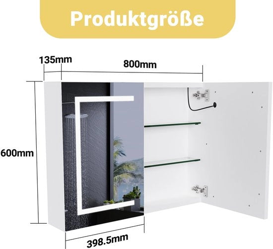 Cassa per bagno intelligente - Illuminazione LED - Montaggio a parete - 80x60cm - Bianco