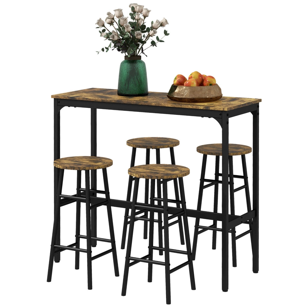 Set Tavolo Alto Rettangolare con Sgabelli in MDF e Acciaio Nero e Marrone