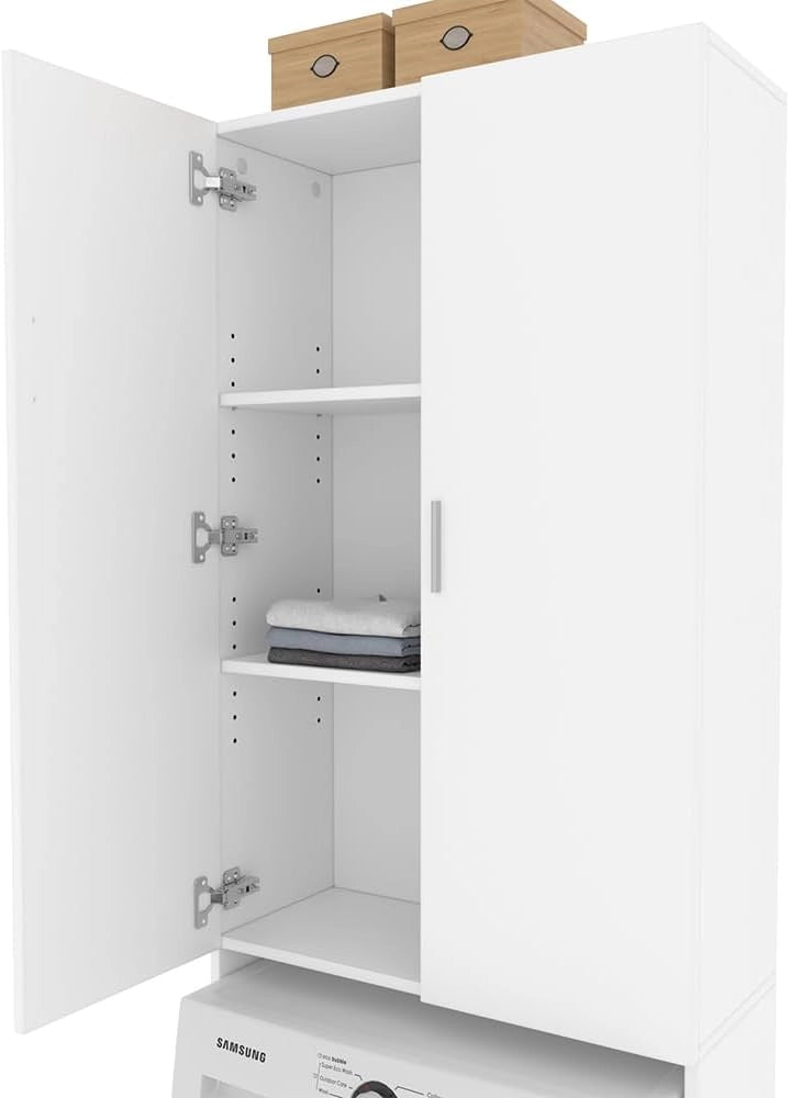 Mobile porta lavatrice Martha, Bianco, 64 x 190 cm con 2 ante lunghe, per la conservazione di detersivi e accessori da bagno