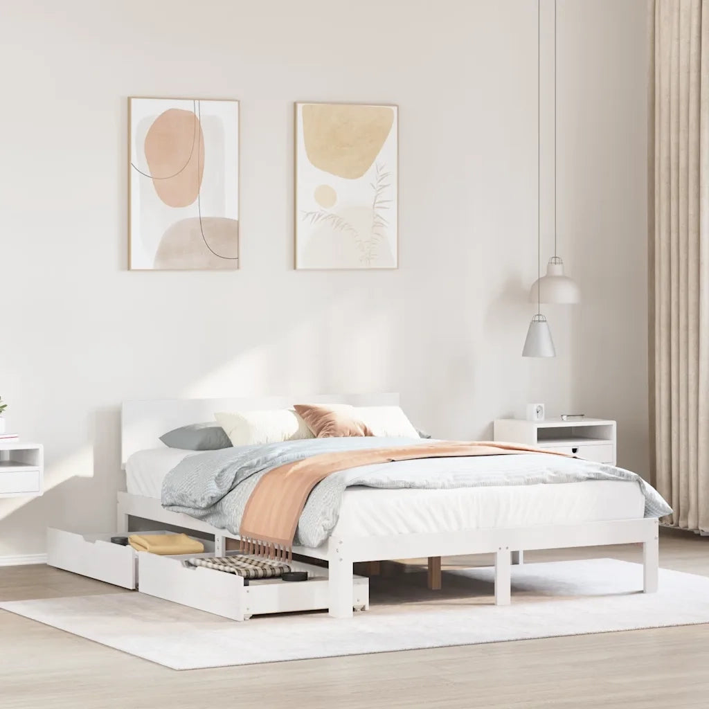 Giroletto con Cassetti-Struttura Letto con contenitore Bianco 140x190 cm Legno Massello di Pino 142136