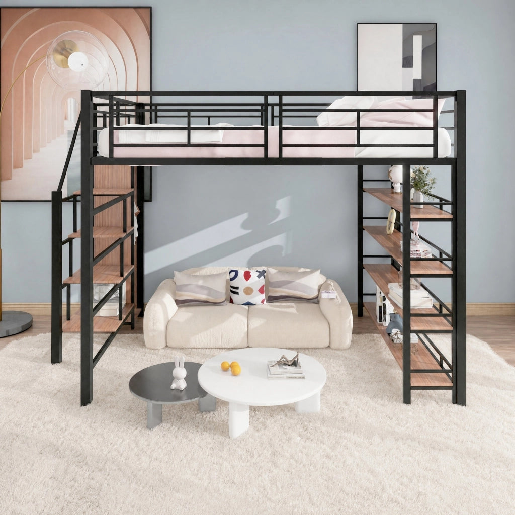Letto a soppalco 140 × 200 cm con scala contenitore armadio e ripiani in MDF e metallo nero