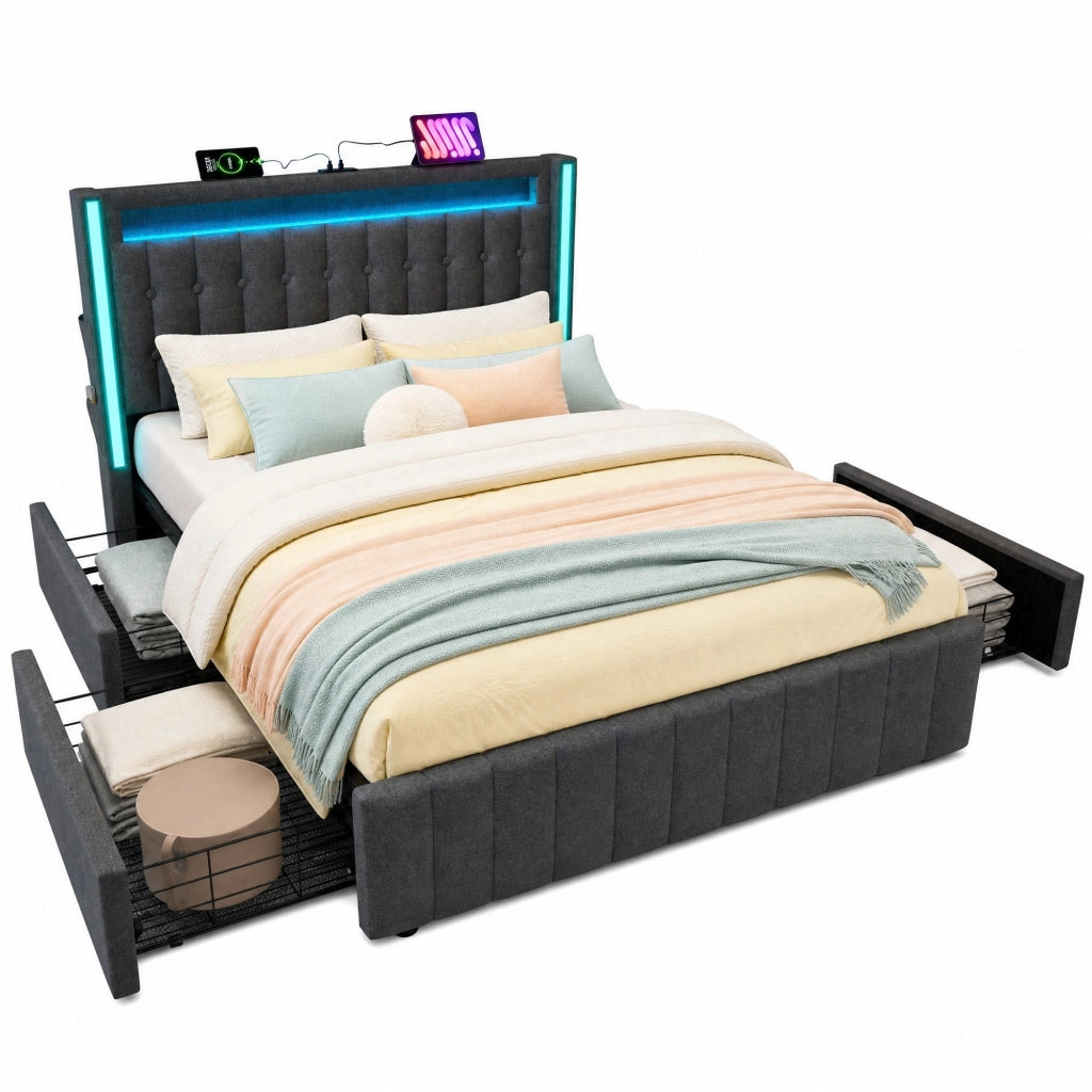 Letto matrimoniale 160x200 in lino grigio con USB Tipo C, LED e 4 cassetti