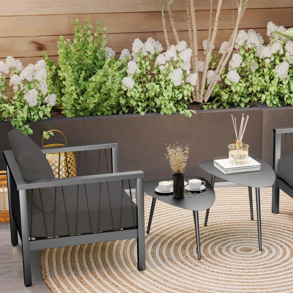 Set di 2 tavolini da caffè; tavolino da balcone in acciaio impermeabile; tavolino laterale con design geometrico; nero