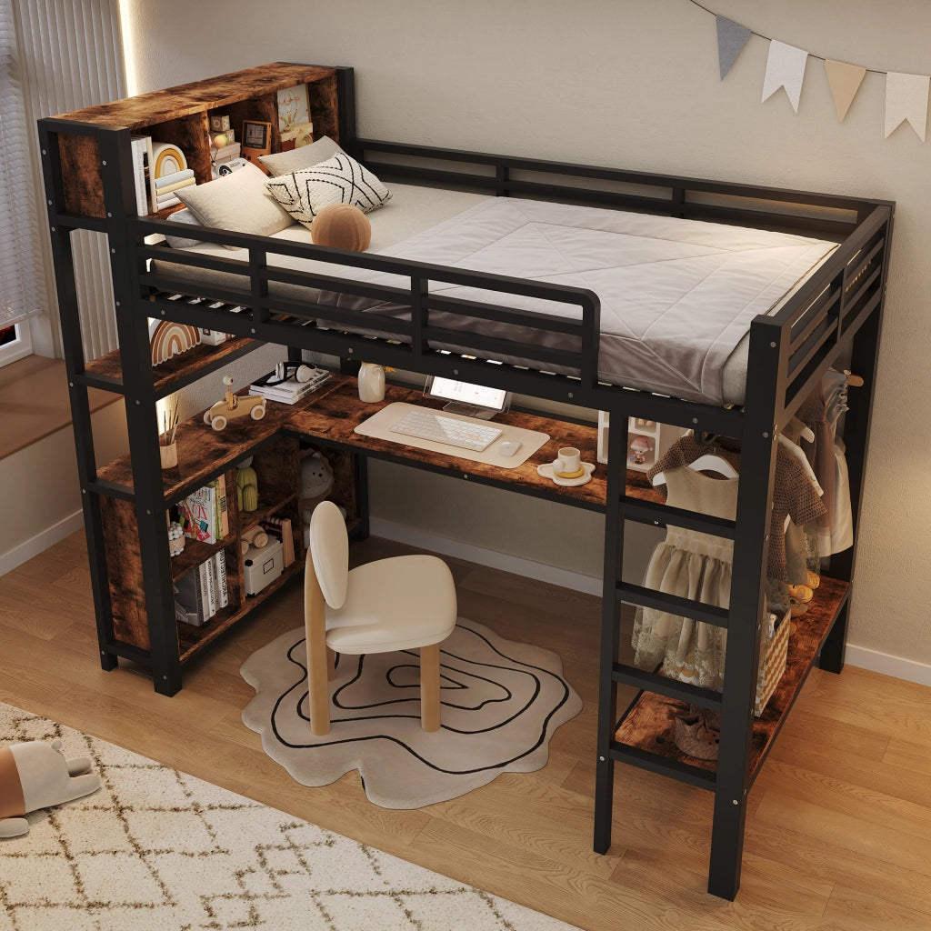 Letto a soppalco singolo 90×200 cm con scrivania; appendiabiti; ripiani e vani portaoggetti; senza materasso; nero