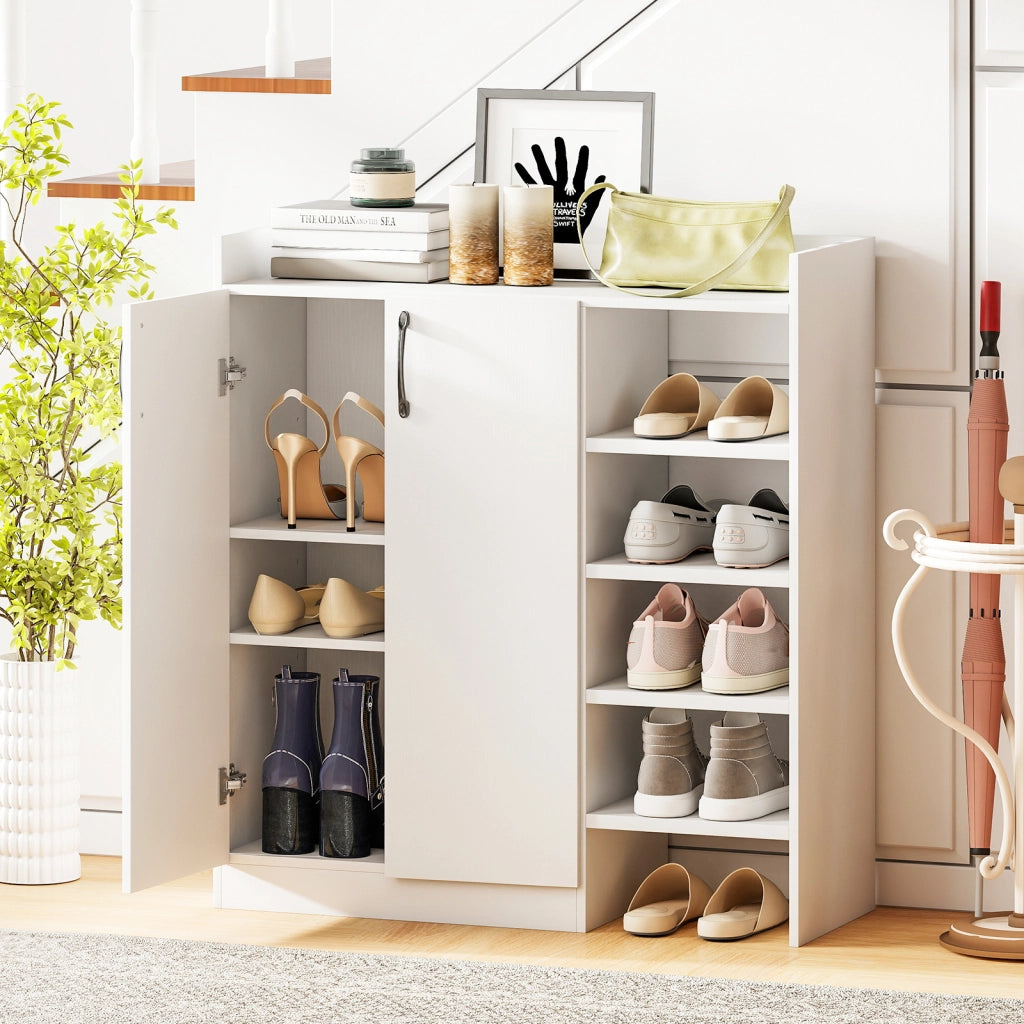Mobiletto scarpe a 2 ante con ripiani regolabili a 3 posizioni, Scarpiera da terra 5 scomparti aperti per ingresso corridoio soggiorno Bianco