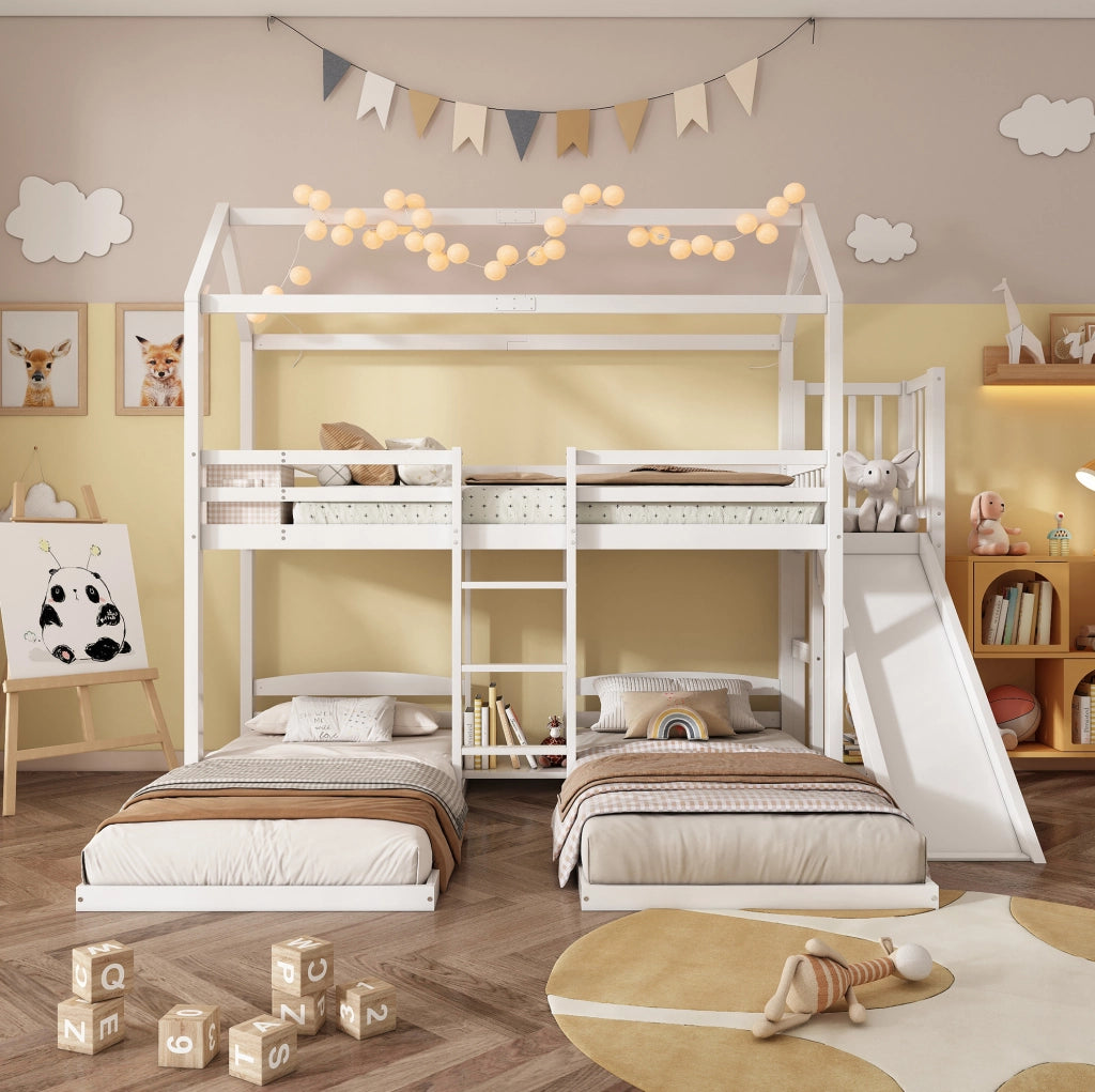 Letto a soppalco per bambini con scivolo e tetto