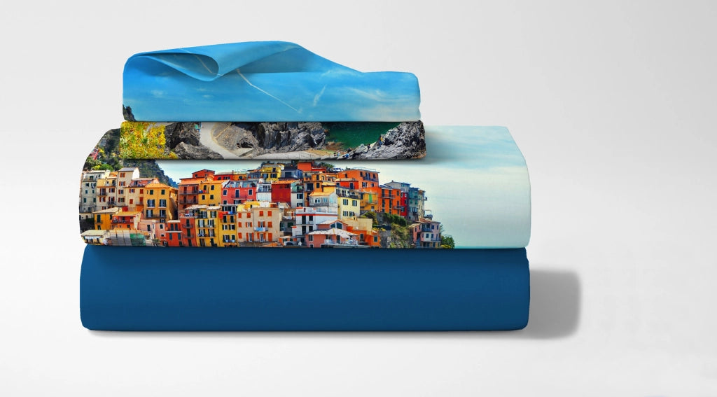 Completo Letto Lenzuola 100% Cotone Set Lenzuolo Moderno Sotto Sopra Federe Due Stampe In Altissima Definizione Dis45CinqueTerre - Matrimoniale