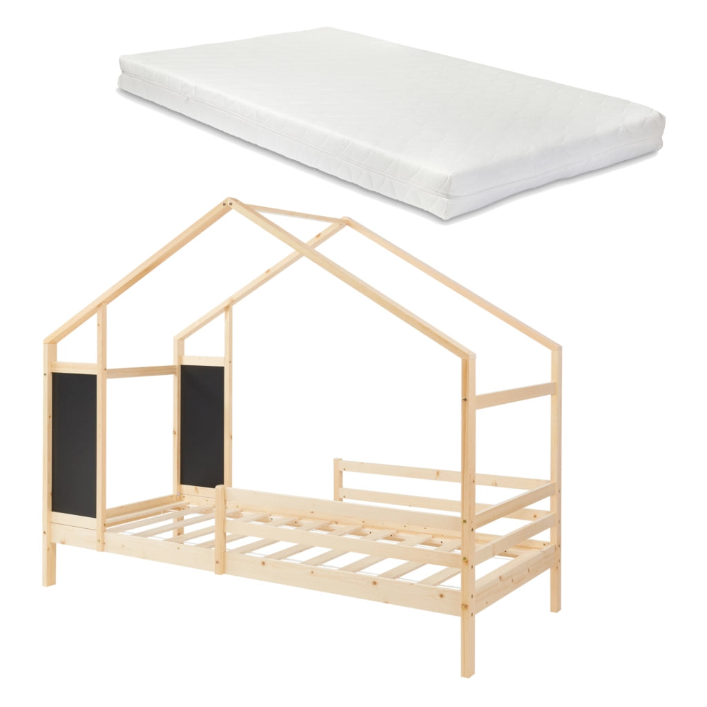 Letto a Casetta Lorenskog per Cameretta con Materasso 90 x 200 cm in Legno di Pino con Barriera Anticaduta - Naturale [en.casa]