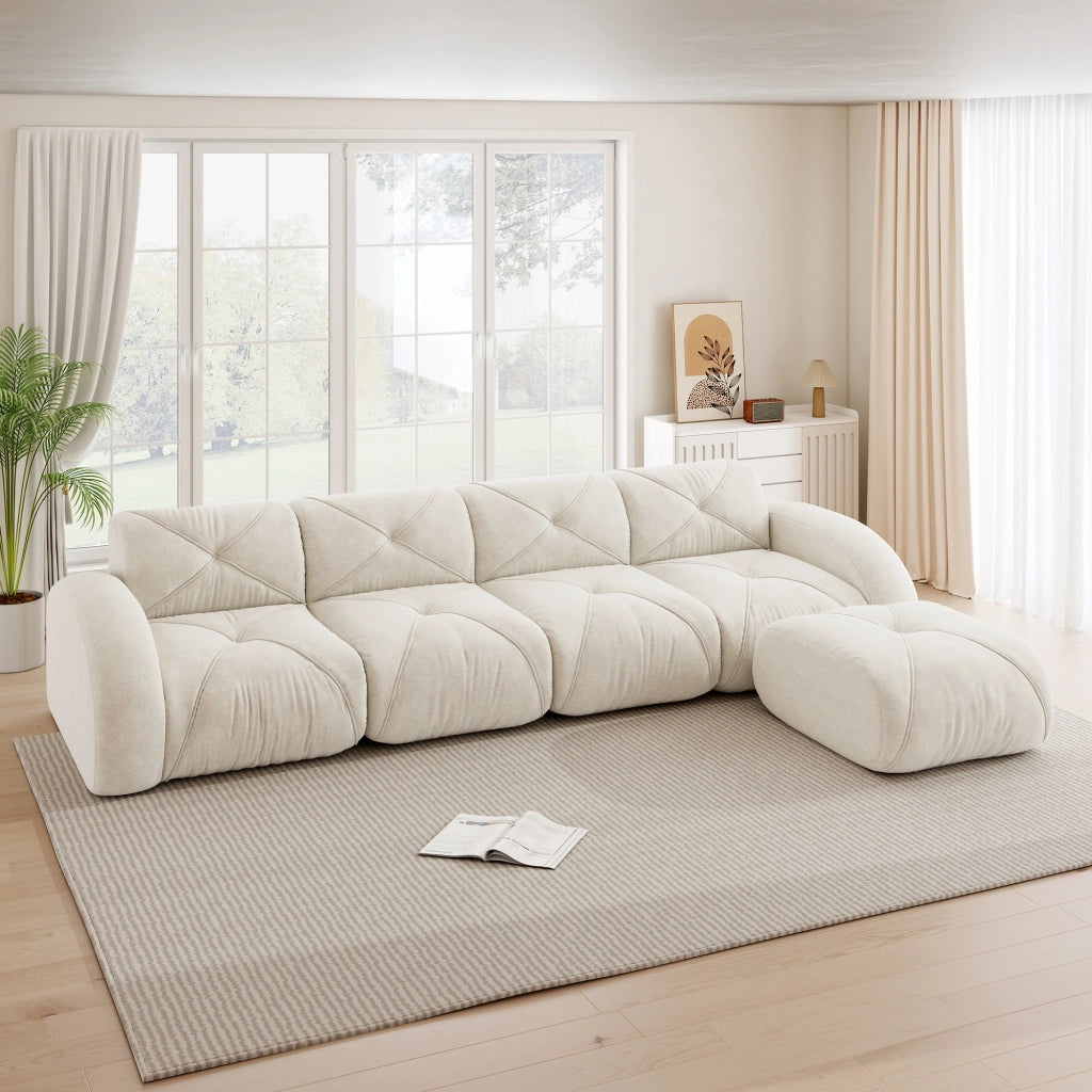 Divano angolare modulare in ciniglia con seduta morbida e base antiscivolo beige chiaro