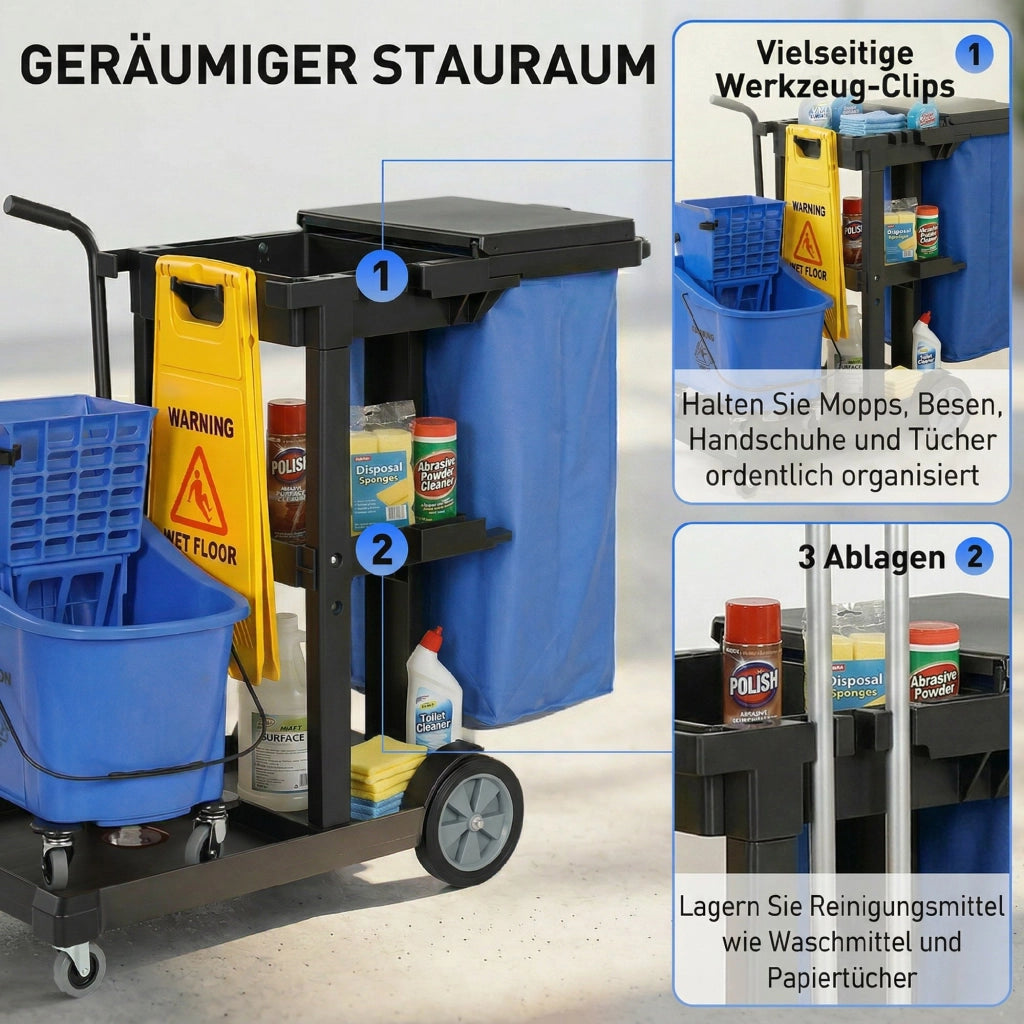 Carrello per pulizia con 3 ripiani, secchio strizzamop e sacco 70 litri ¨C zephmum ¨C Blu