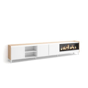 Mobile TV Soggiorno, 315x61x35 cm, Per TV fino a 80", Camino elettrico XXL, Design industriale, Bianco e Rovere soft