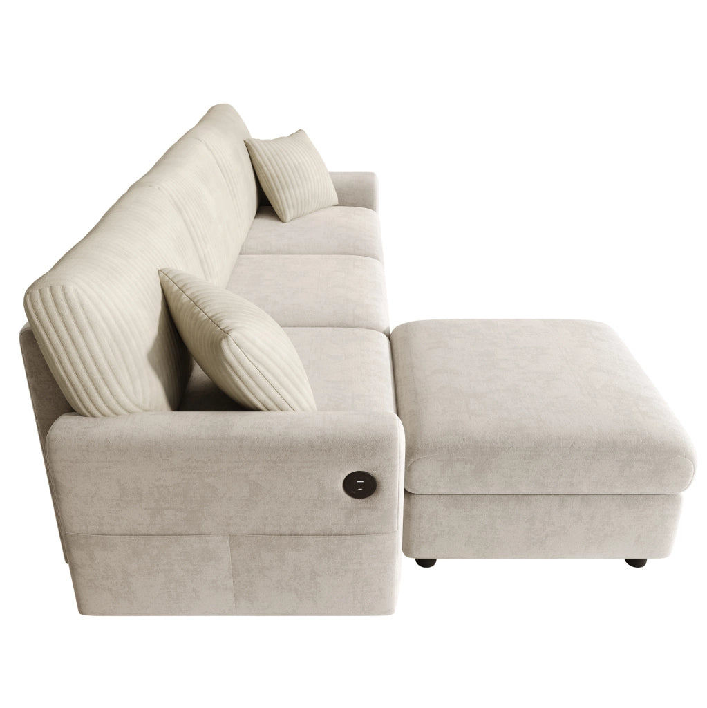 Sofa moderno con poggiapiedi; 2 cuscini; USB e Type-C; 223x146x84 cm; beige