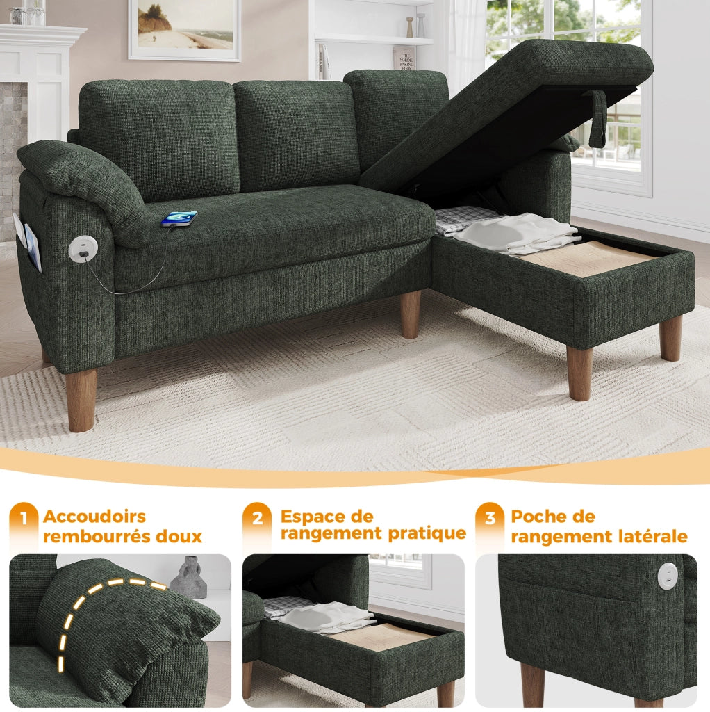 Divano angolare modulare 3 posti con chaise longue reversibile; contenitore; USB e Type-C; ciniglia verde