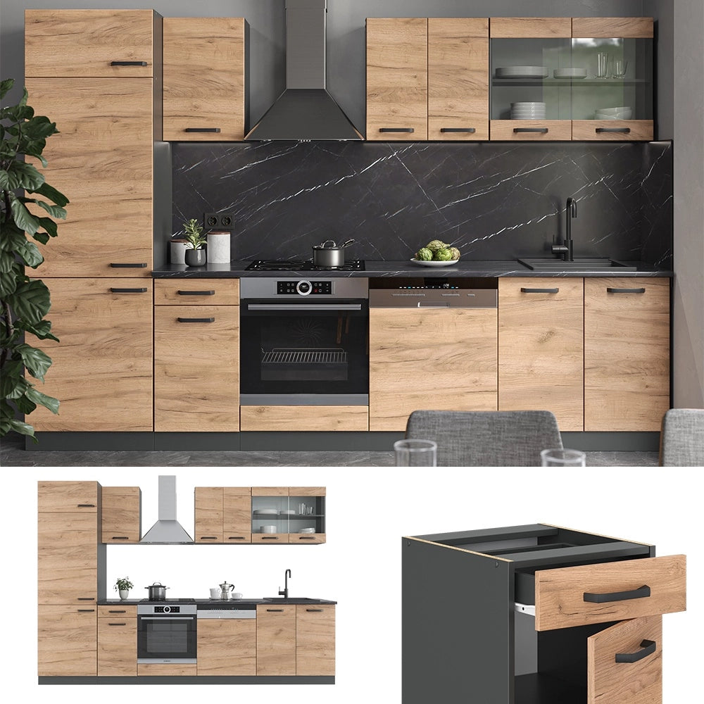 Cucina componibile R-Line Rovere dorato/Antracite 300 cm, PL Marmo Vicco