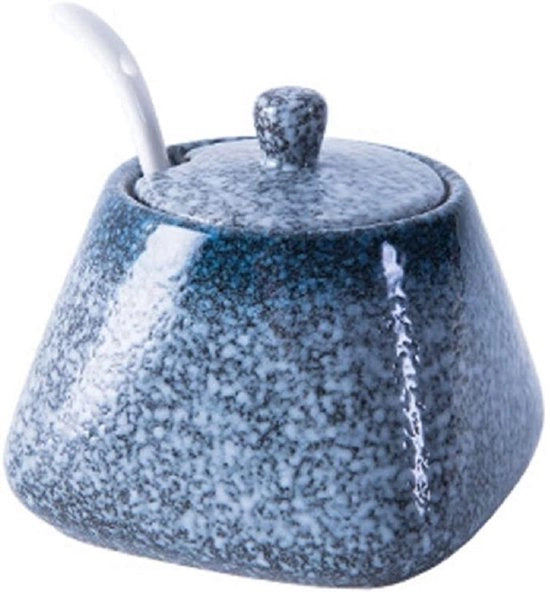 Pentola per zucchero con coperchio e cucchiaio pentola per spezie pentola per zucchero e sale pentola per la riserva 340ml pentola in ceramica per spezie zucchero pepe sale (blu)