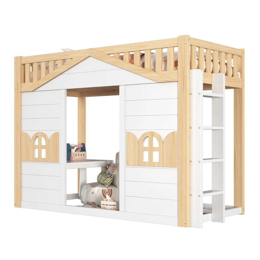 Letto a castello cabana con scala reversibile e finestra LEMONMAX; 90x200 cm; spazio sotto multifunzione; pino e MDF; bianco/naturale