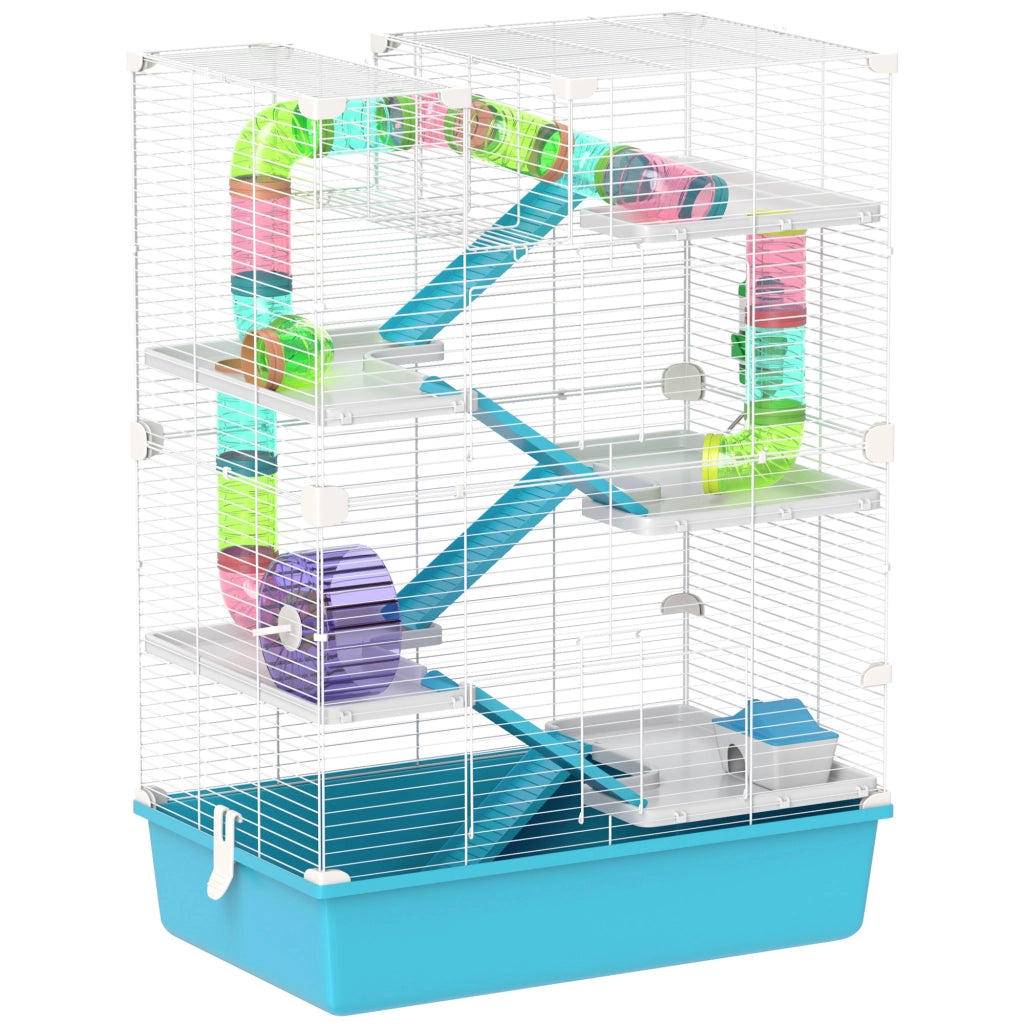 Gabbia per criceti a 6 livelli con tubi, doppia torre, 2 porte frontali in plastica azzurro chiaro 58 × 36 × 81 cm