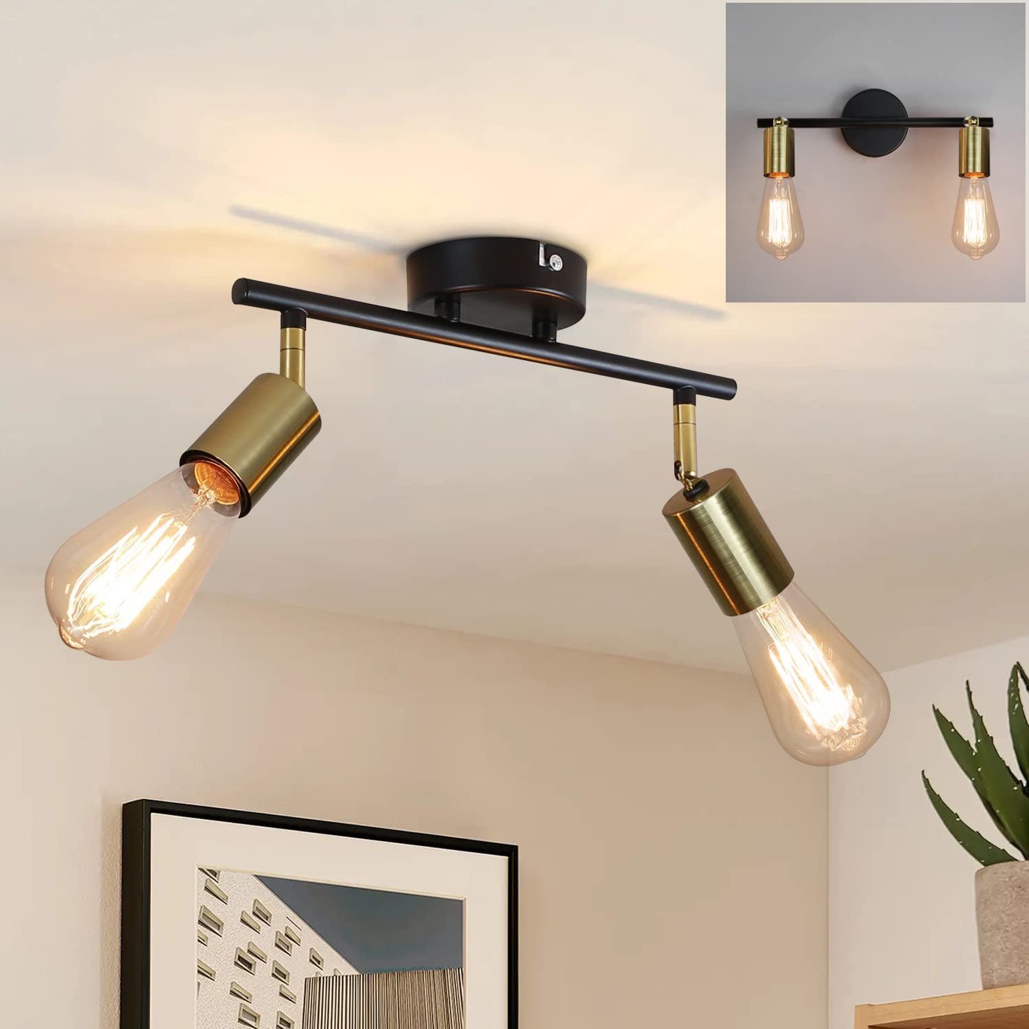 ZMH Faretto da soffitto vintage E27 nero oro a sospensione