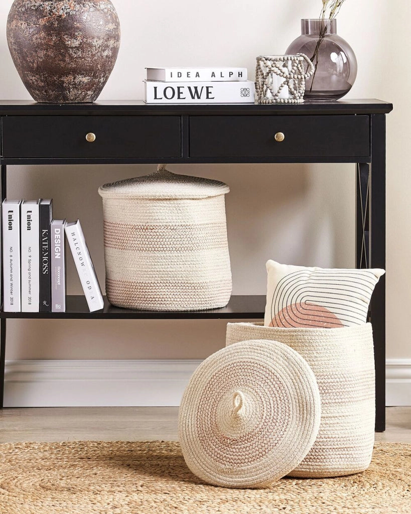 Set di 2 cestini beige chiaro con tessuto di cotone a righe rosa con coperchio boho accessori per la conservazione