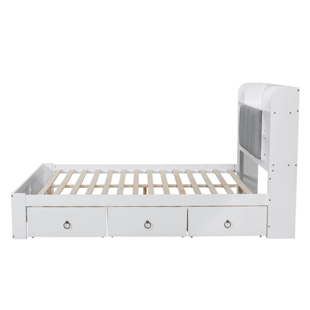 Letto con cassetti 160 × 200 cm con 3 cassetti su ruote e ripiani aperti bianco e grigio