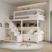 Letto a castello in legno massello per bambini - Xylo - 90x200 cm - Bianco - Con scala e armadio