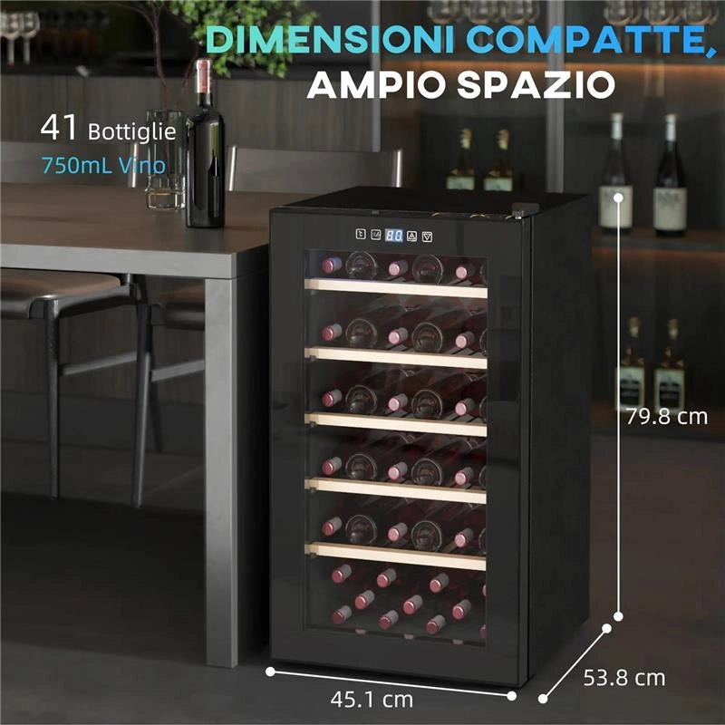 CANTINETTA VINO FRIGO PER 41 BOTTIGLIE CAPACITÀ 91L CONTROLLO TEMPERATURA E RIPIANI IN LEGNO NERO