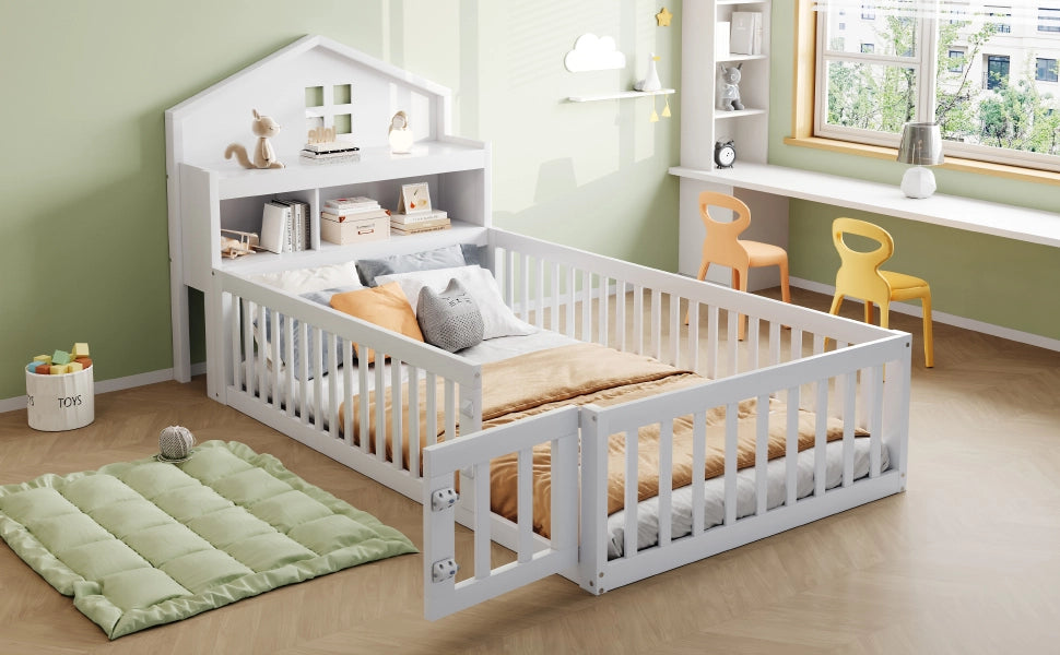 Letto a forma di casa bianco in legno massello con funzione contenitore e rete a doghe 90x200 cm