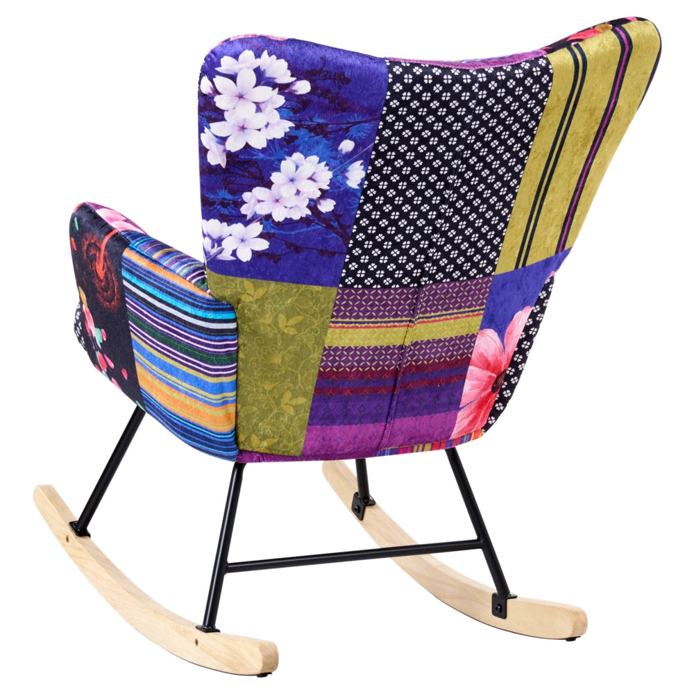 Sedia a dondolo Rivestimento in velluto multicolore Gambe in legno