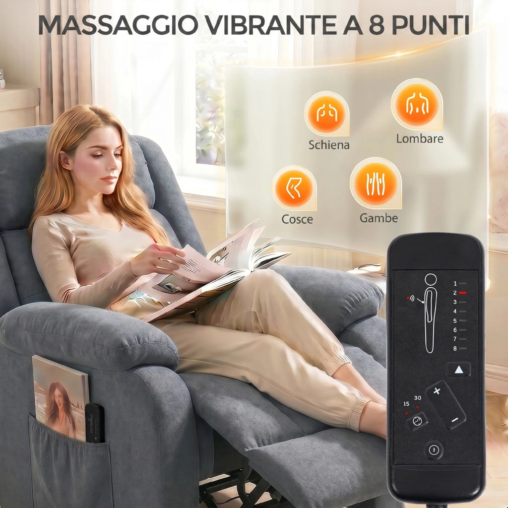 Poltrona Elettrica Alzapersona 91x93x103 cm Reclinabile a 135° con Poggiapiedi in Tessuto Effetto Lino Grigio
