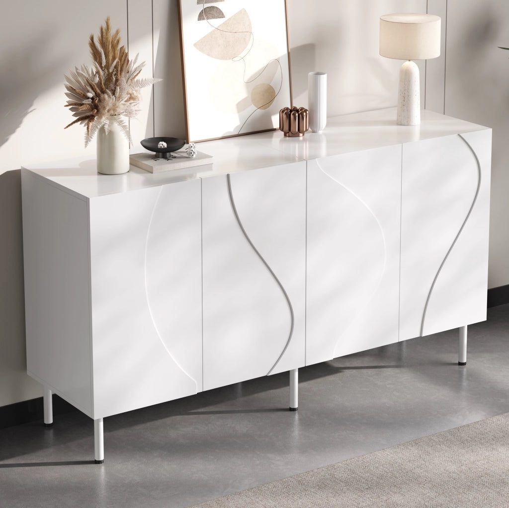 Credenza bianca 140 cm con ante curve e apertura push-to-open