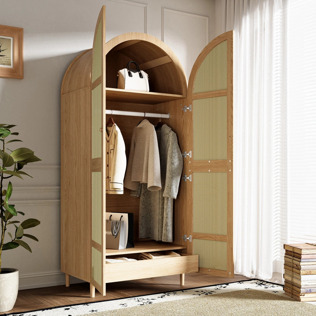 Armadio con ante curve; cassetti e ripiani; frontale in rattan; per camera e ingresso; 80 × 50 × 179 cm