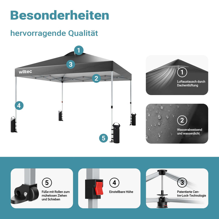 Gazebo pieghevole pop-up grigio, 3 x 3 m con ruote Tenda per fiere eventi mercati