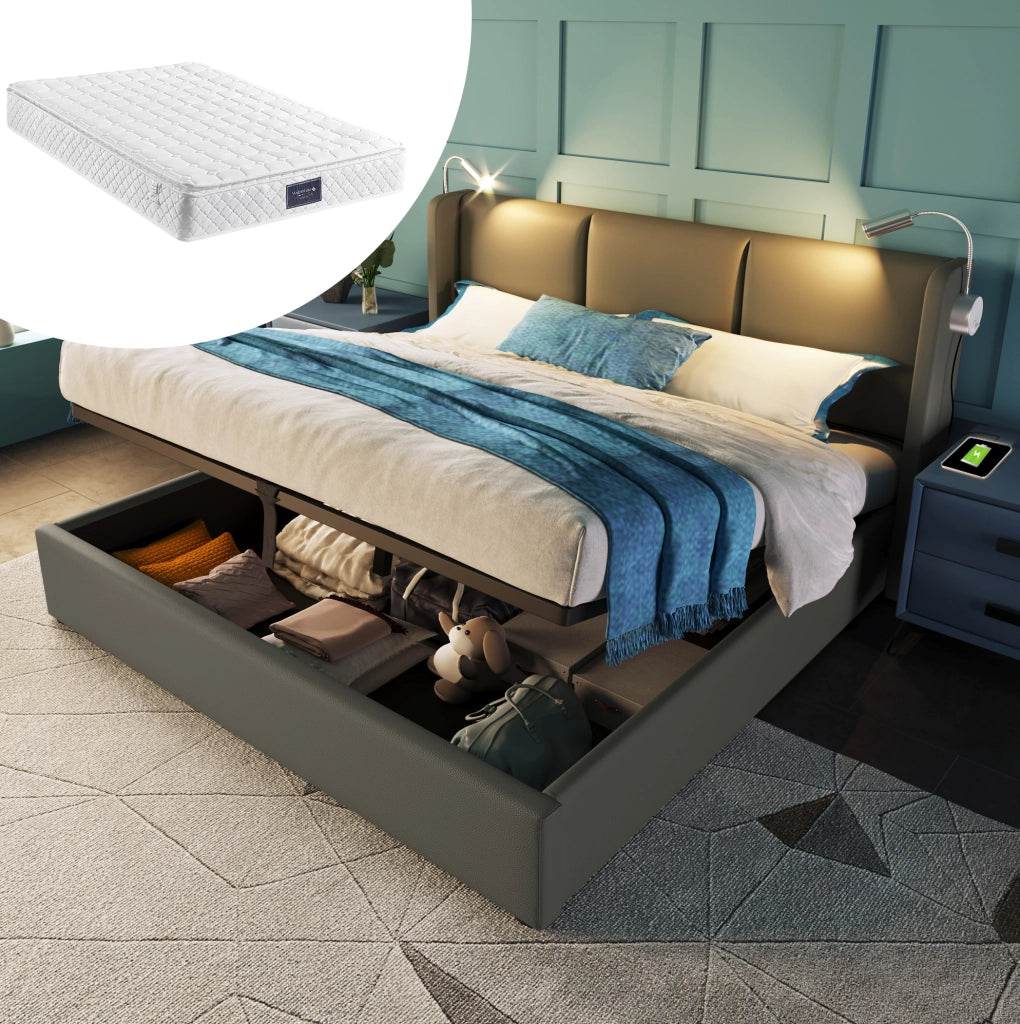 Letto matrimoniale 140x200 cm in PU grigio con contenitore; luce da lettura USB e materasso