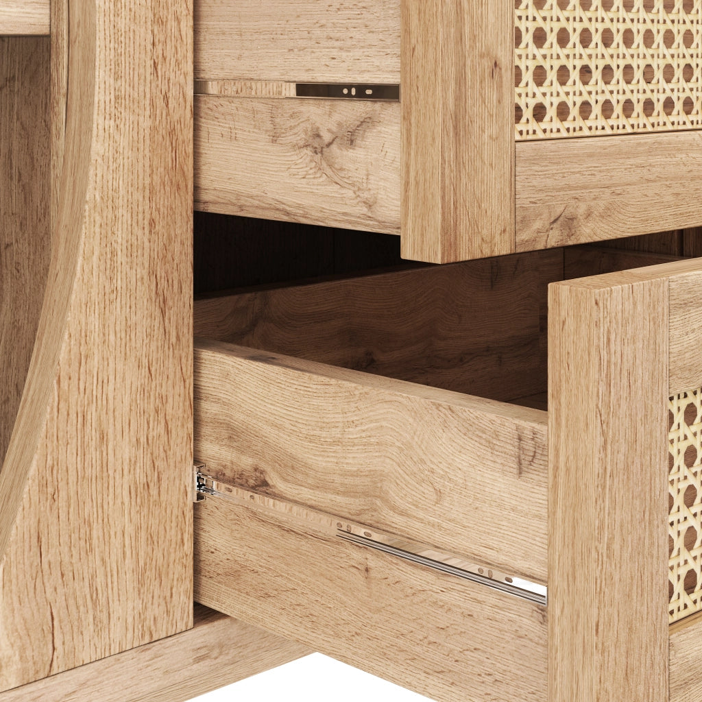 Credenza con 2 Ante Scorrevoli; 3 Cassetti in Rattan; Ripiani Regolabili; Piano Arrotondato; Stile Naturale; 140;5??40??76 cm