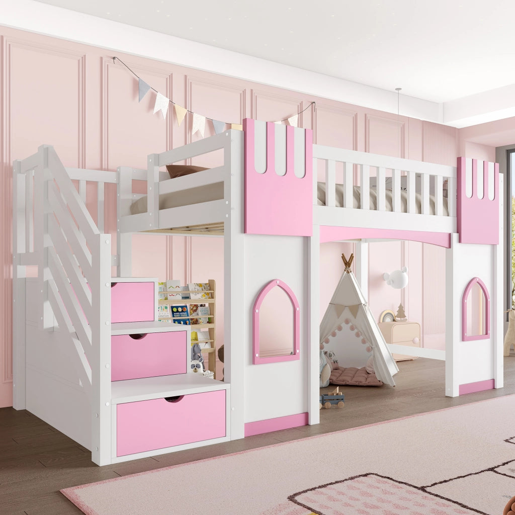 LETTO A SOPPALCO con scala contenitore e finestre 90x200 cm bianco e rosa