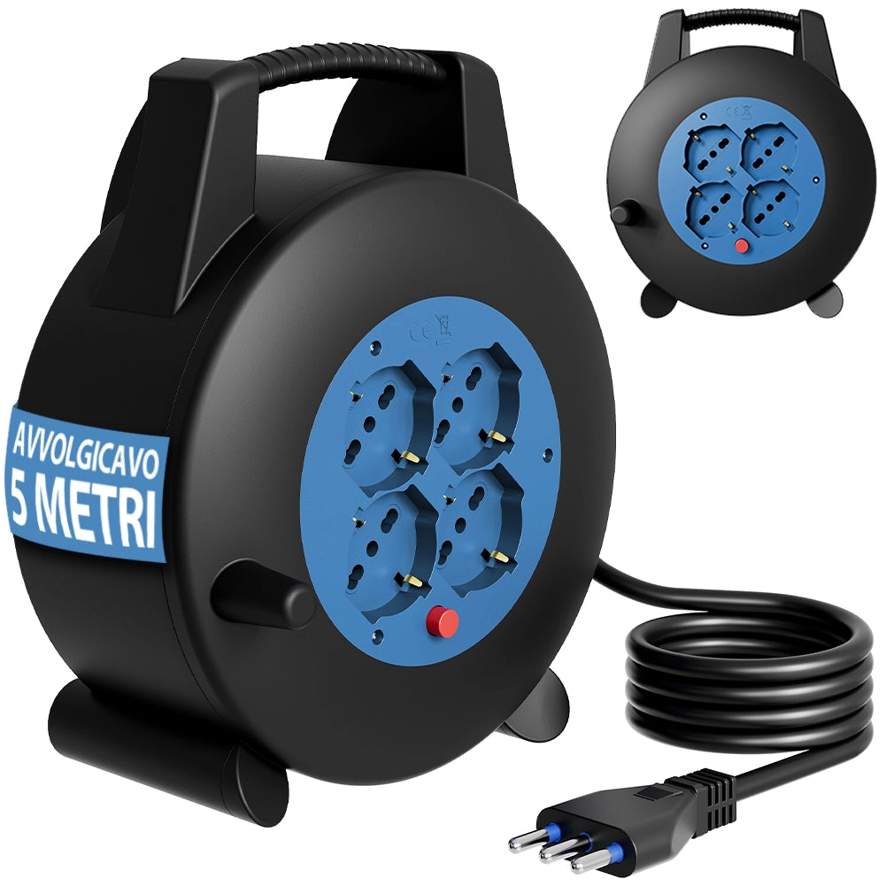 Avvolgicavo Multipresa 5 Metri con Interruttore di Protezione Prolunga 4 Prese