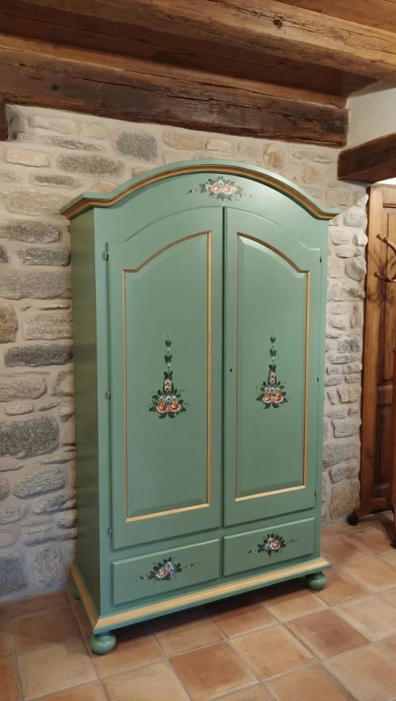 Armadio classico 2 ante shabby legno verde con decori 125x61x200 - Mobili 2G
