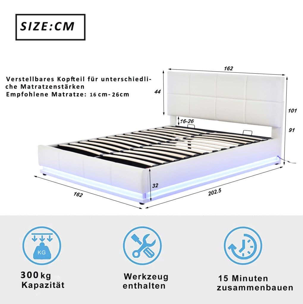 Letto imbottito 160x200 cm con LED; contenitore; struttura in metallo; bianco
