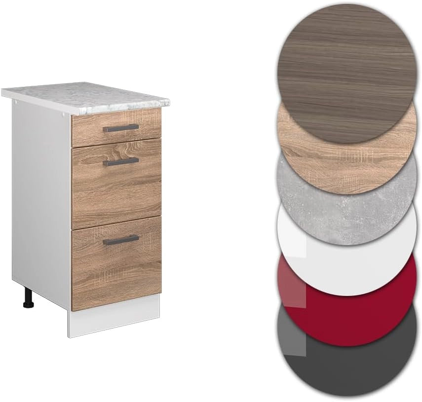 Mobiletto base per cucina R-Line, Sonoma, 40 cm con cassetti PL Marmo, per la libera combinazione all'interno di sistemi cucina modulari