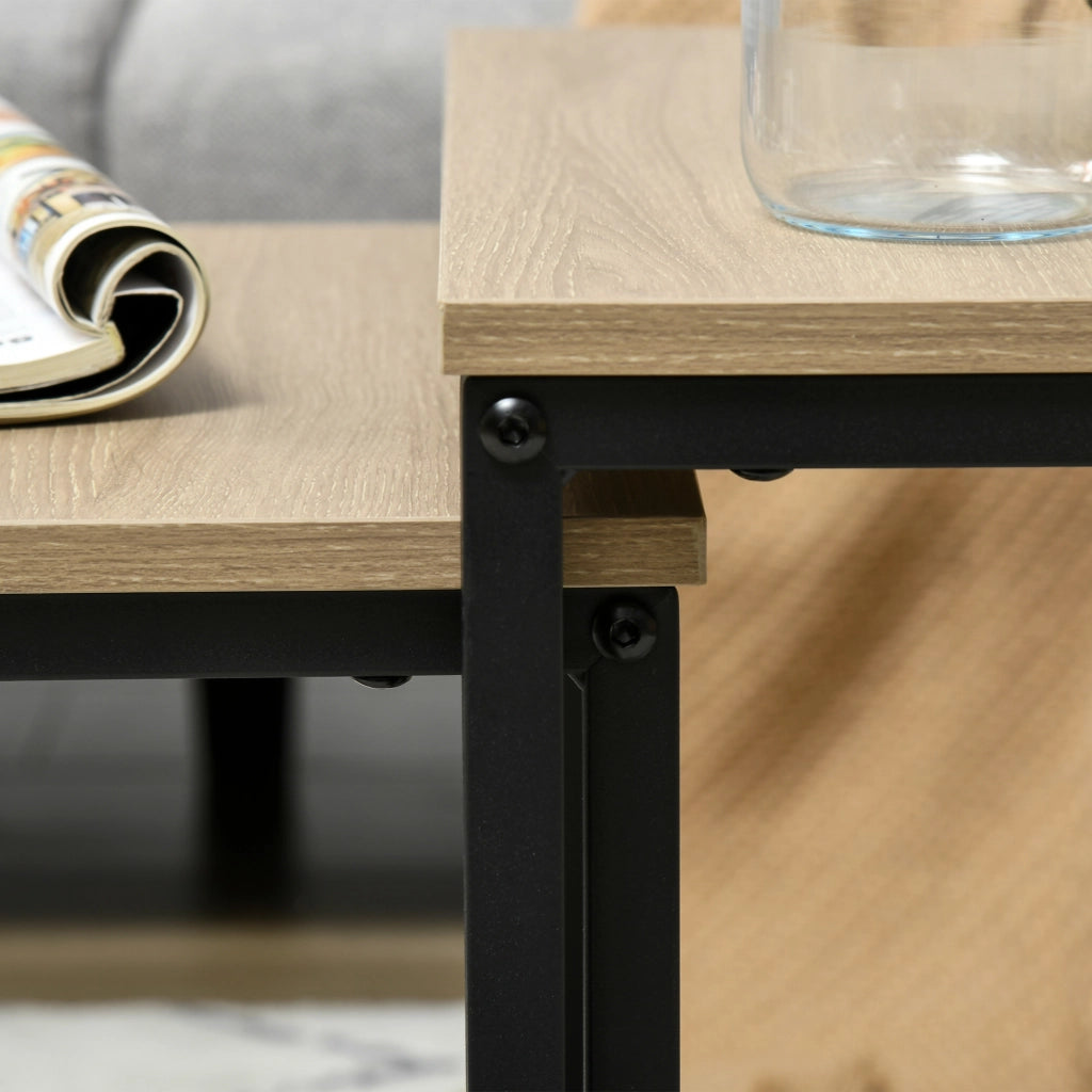Set di 3 tavolini da salotto e da divano con struttura in acciaio, effetto legno naturale, 45/40/34 cm
