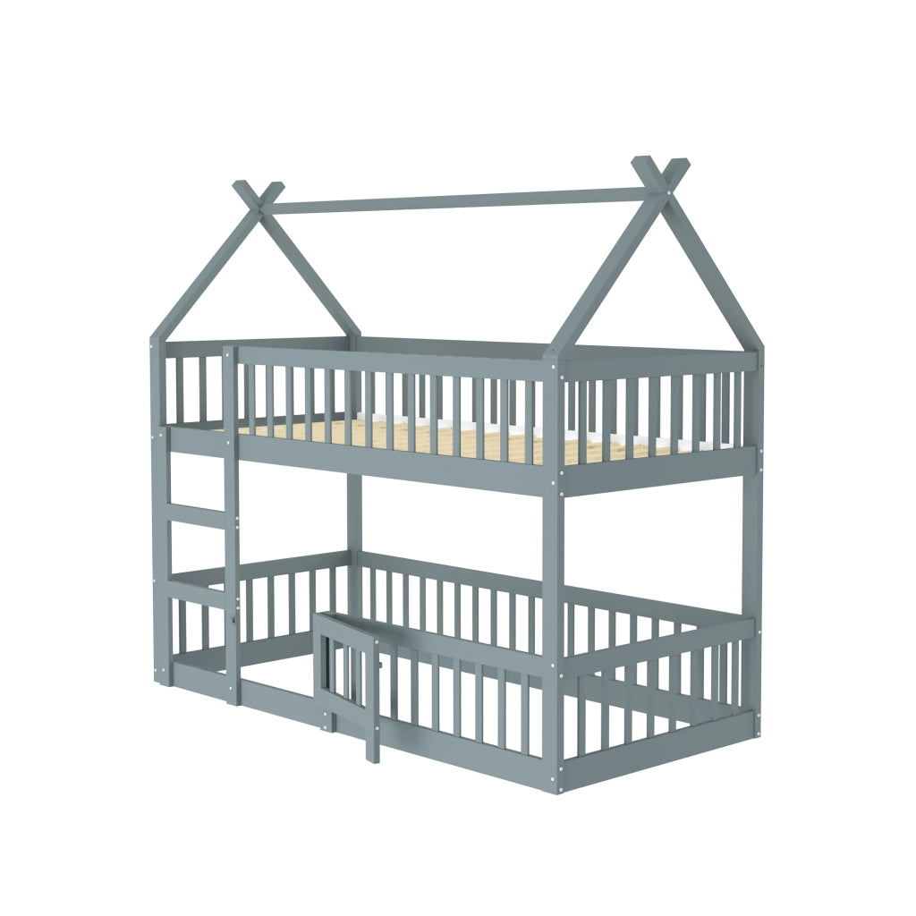 Letto a castello in legno grigio con scala 90x200 cm