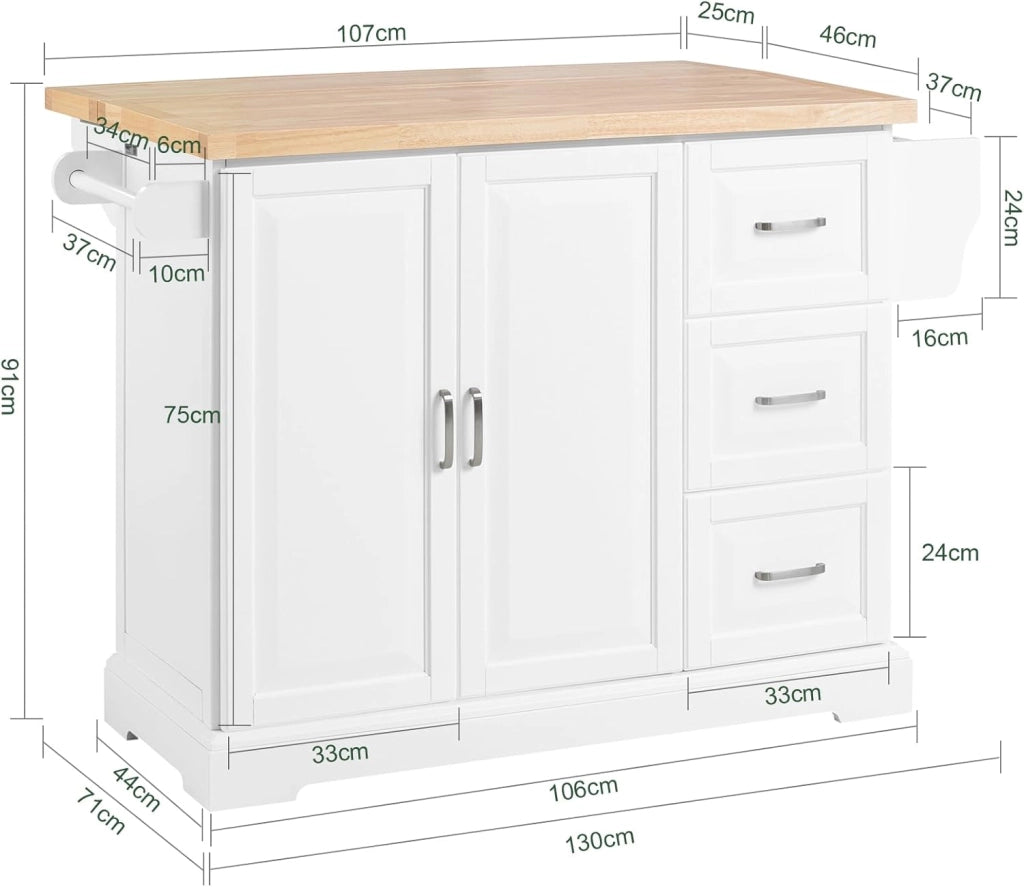 isola cucina con piano di lavoro in legno massello allungabile carrello da cucina con ruote mobile cucina con 3 cassetti Bianco 130x91x(46-71) cm FKW41-II-WN