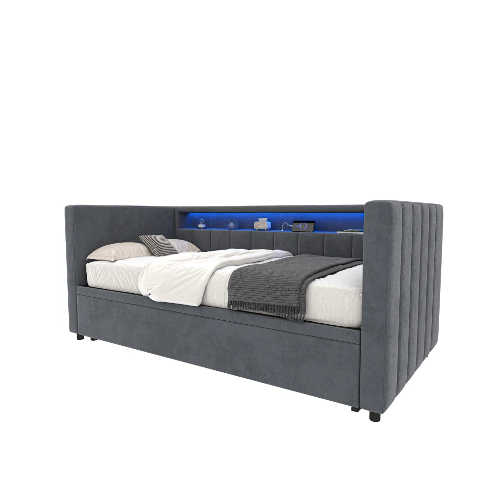Letto Estraibile Letto Singolo 90x190 cm; con LED; USB Type-C e Velluto Grigio