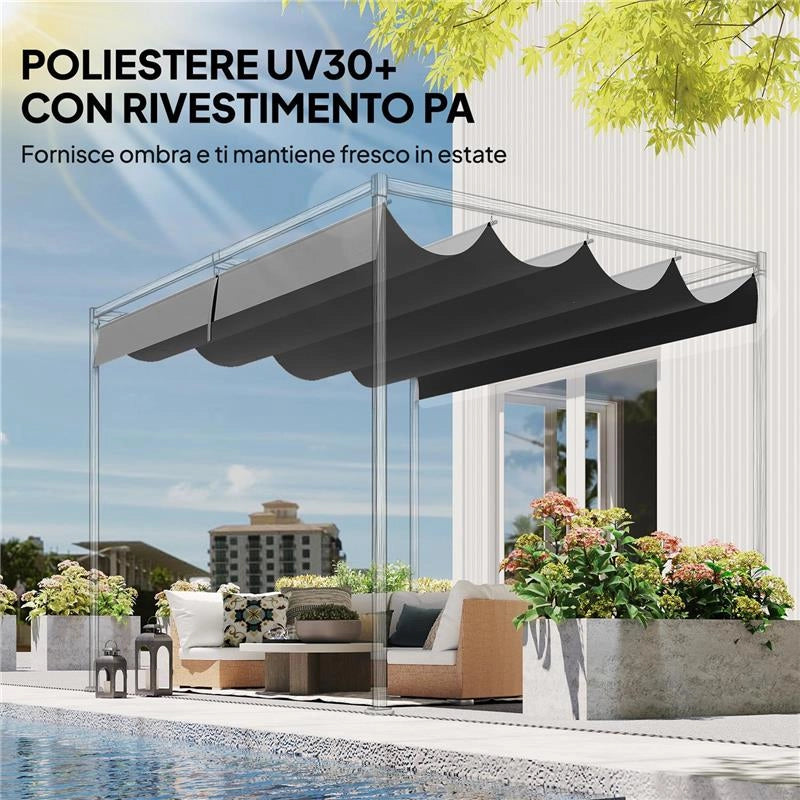 TELO PERGOLA PER ESTERNI ANTI UV IN POLIESTERE GRIGIO SCURO CON 8 FORI DI DRENAGGIO, 392X350 CM